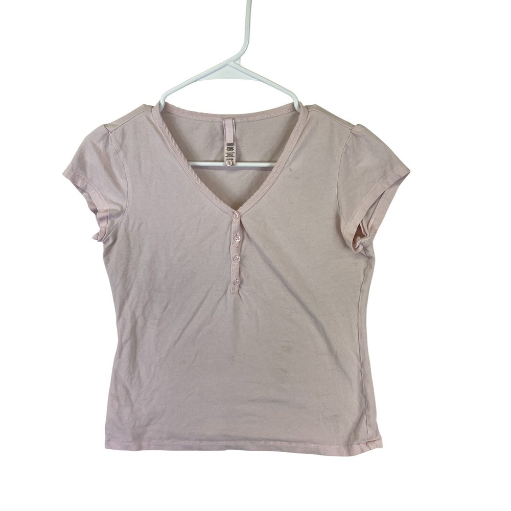 Skims Womens S‎ Pink Short Sleeve V Neck Button Front Henley Top Stretch Soft
